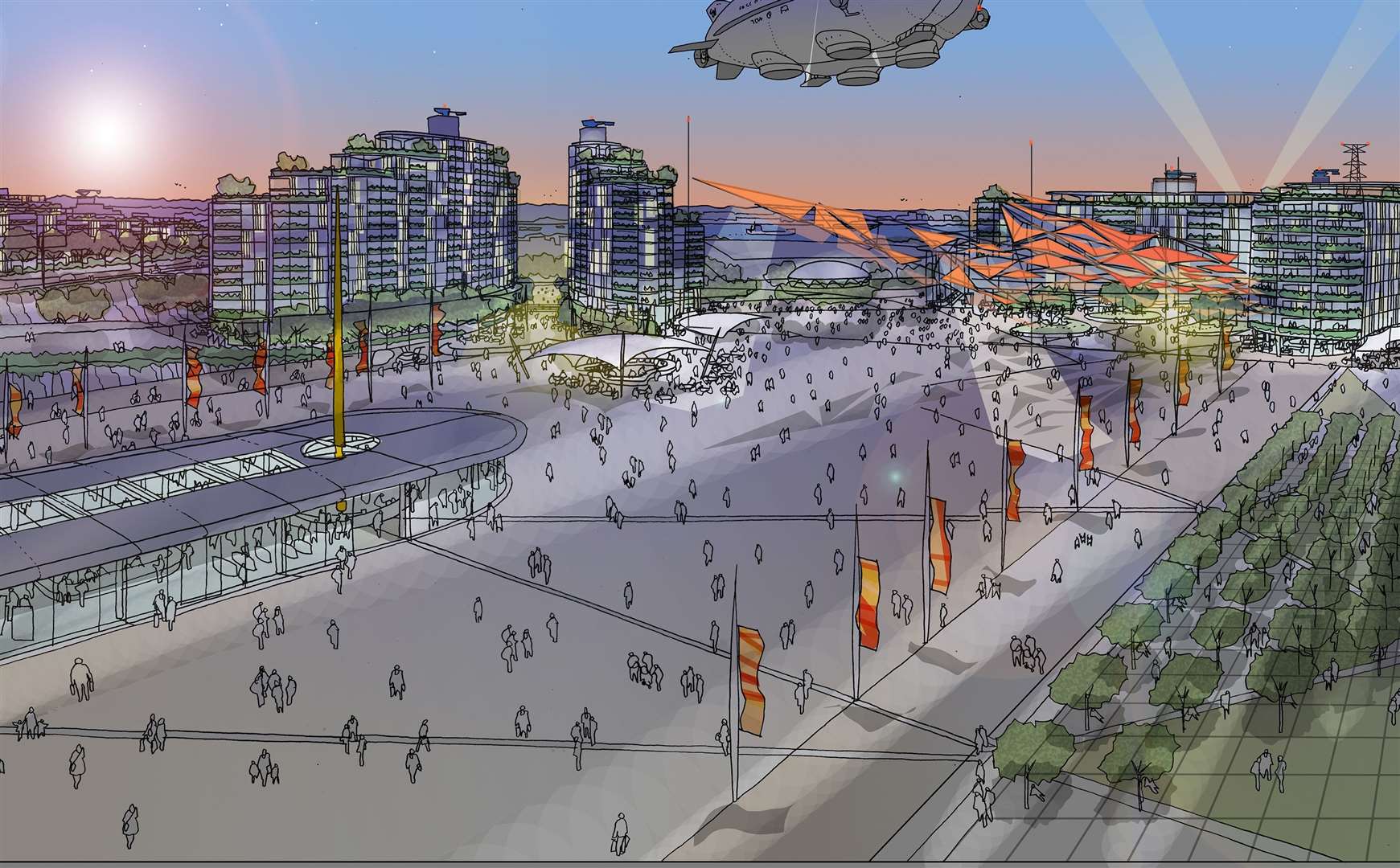 Artist impression of Arrival Plaza, hotels and market at the London Resort