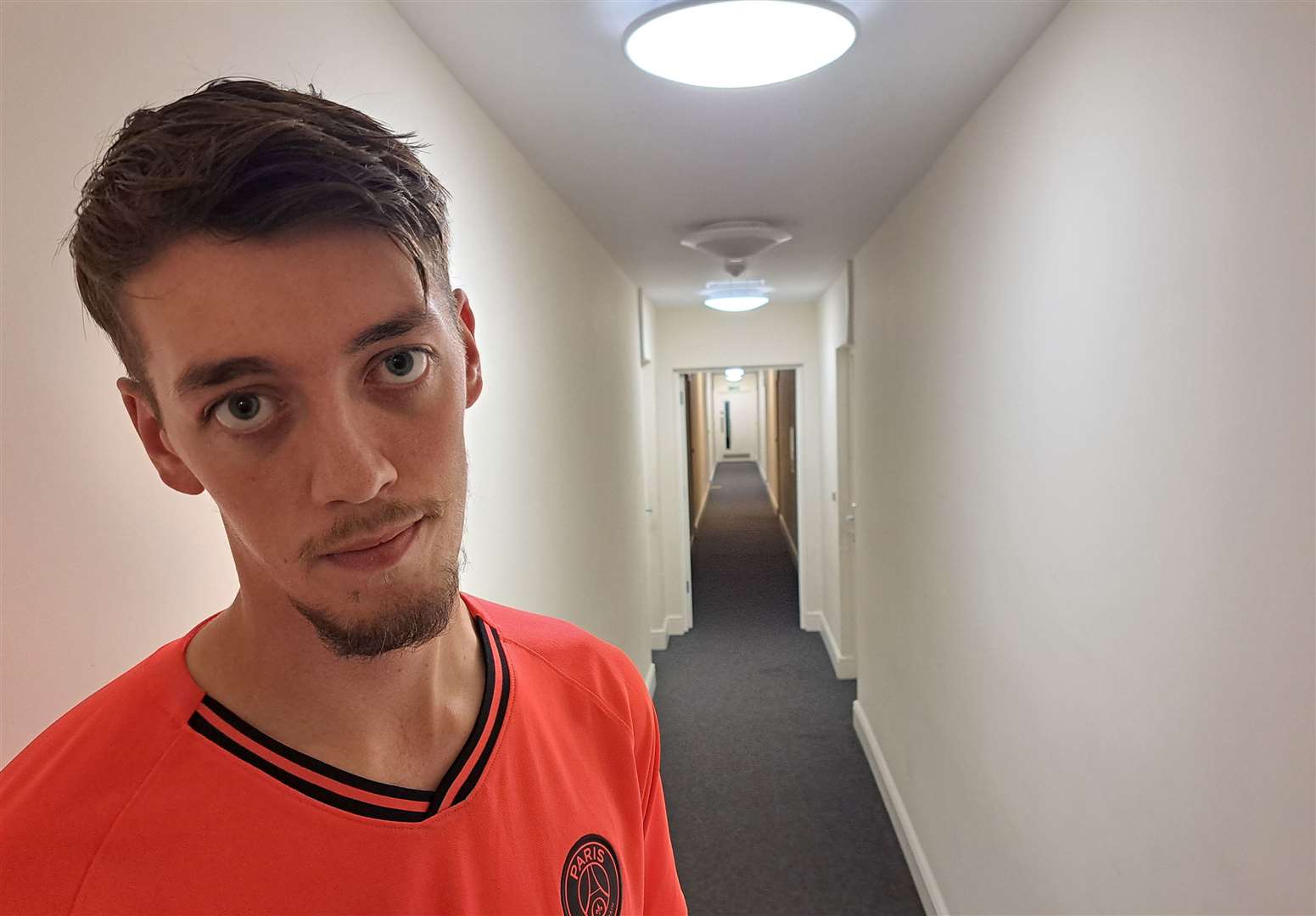 Tenant Trey Walker in one of the corridors of The Panorama in Ashford