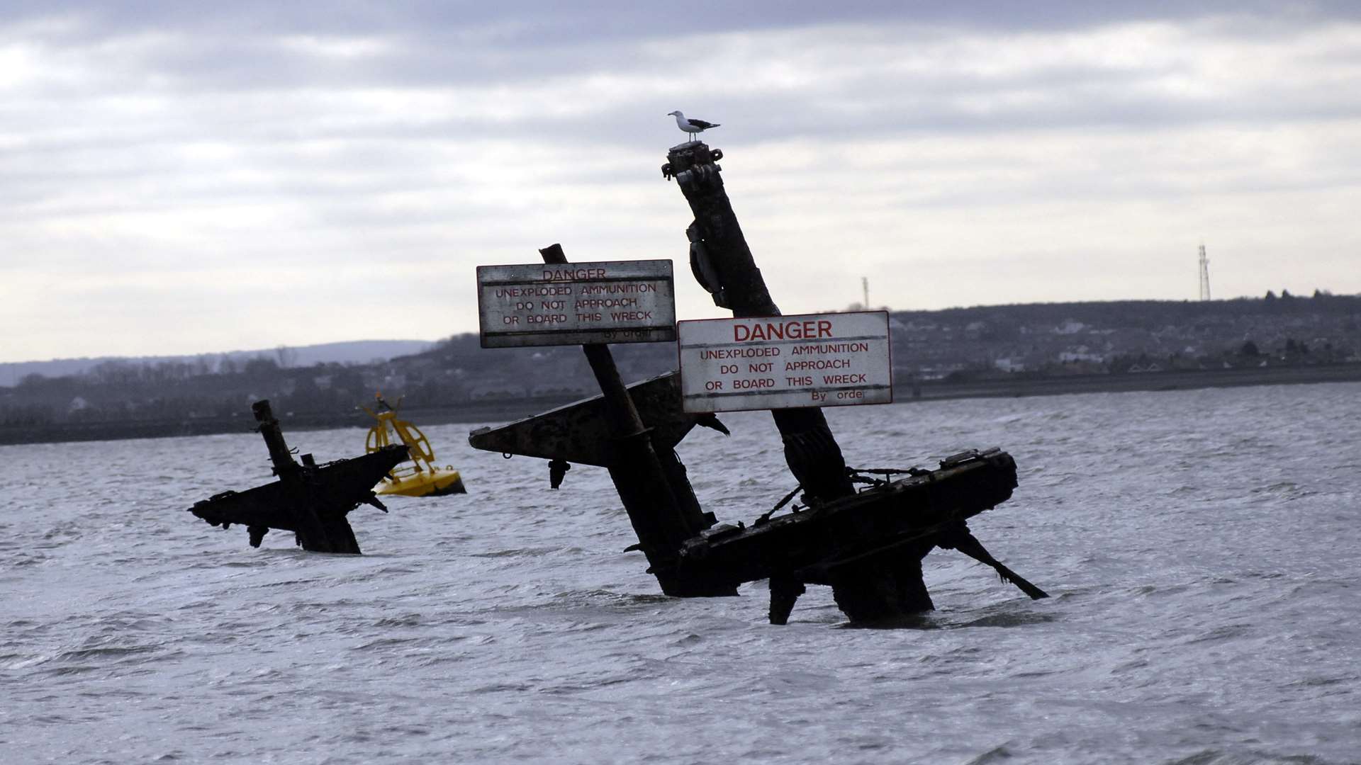 The masts of the SS Richard Montgomery wreckage off the coast of Sheerness