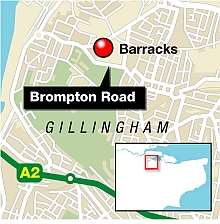 The crash happened at around 5.15pm Saturday outside the barracks in Brompton Road, Gillingham. Graphic: Ashley Austen