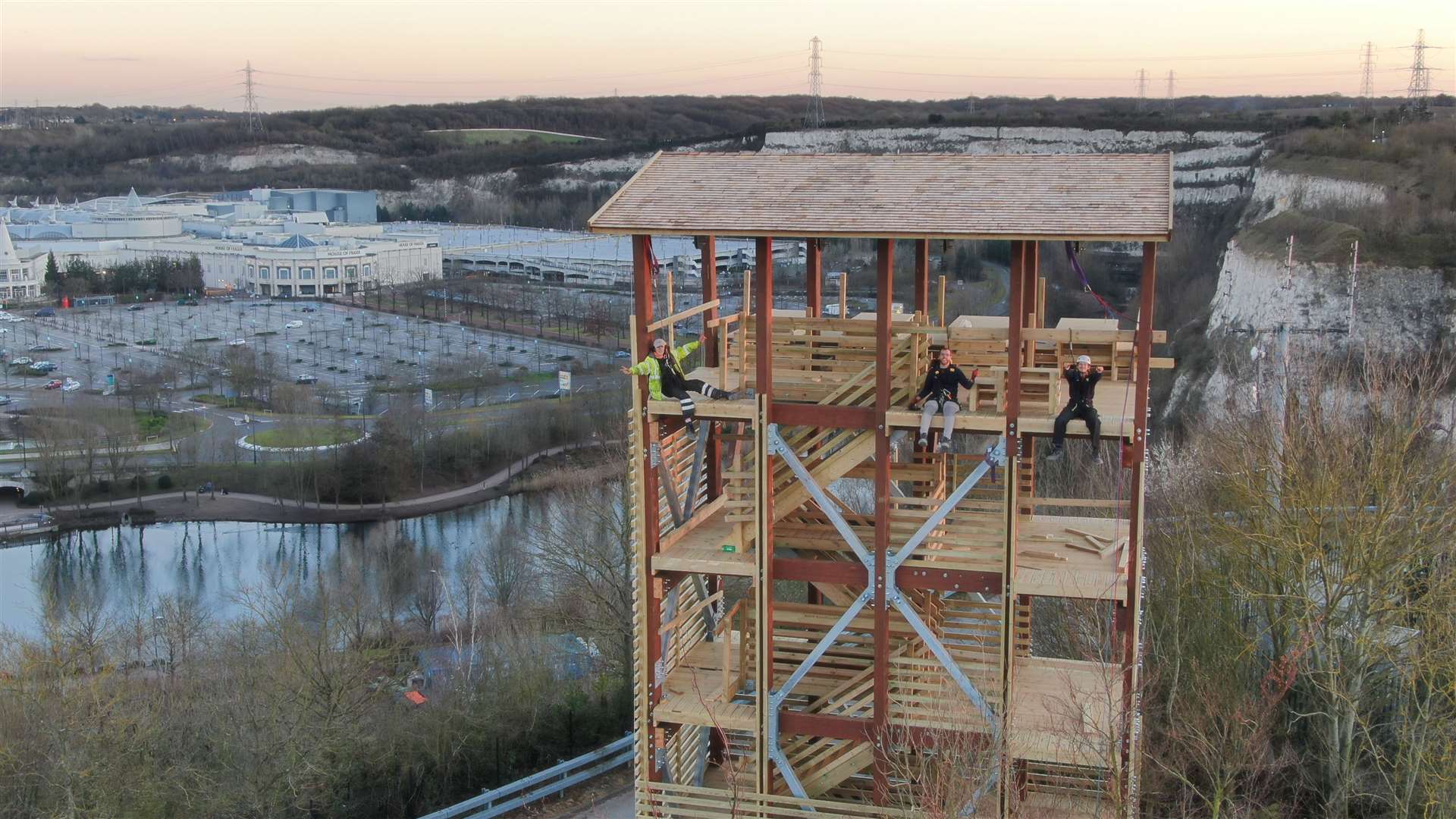 The 15.5-metre dispatch tower at Bluewater sits atop a 40-metre chalk cliff. Picture: Hangloose Adventure