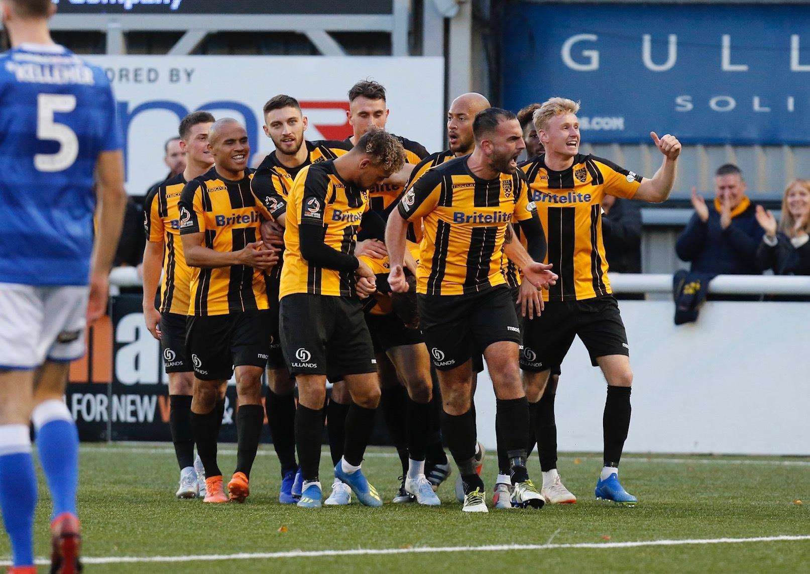 Maidstone celebrate Jack Powell's equaliser Picture: Matthew Walker