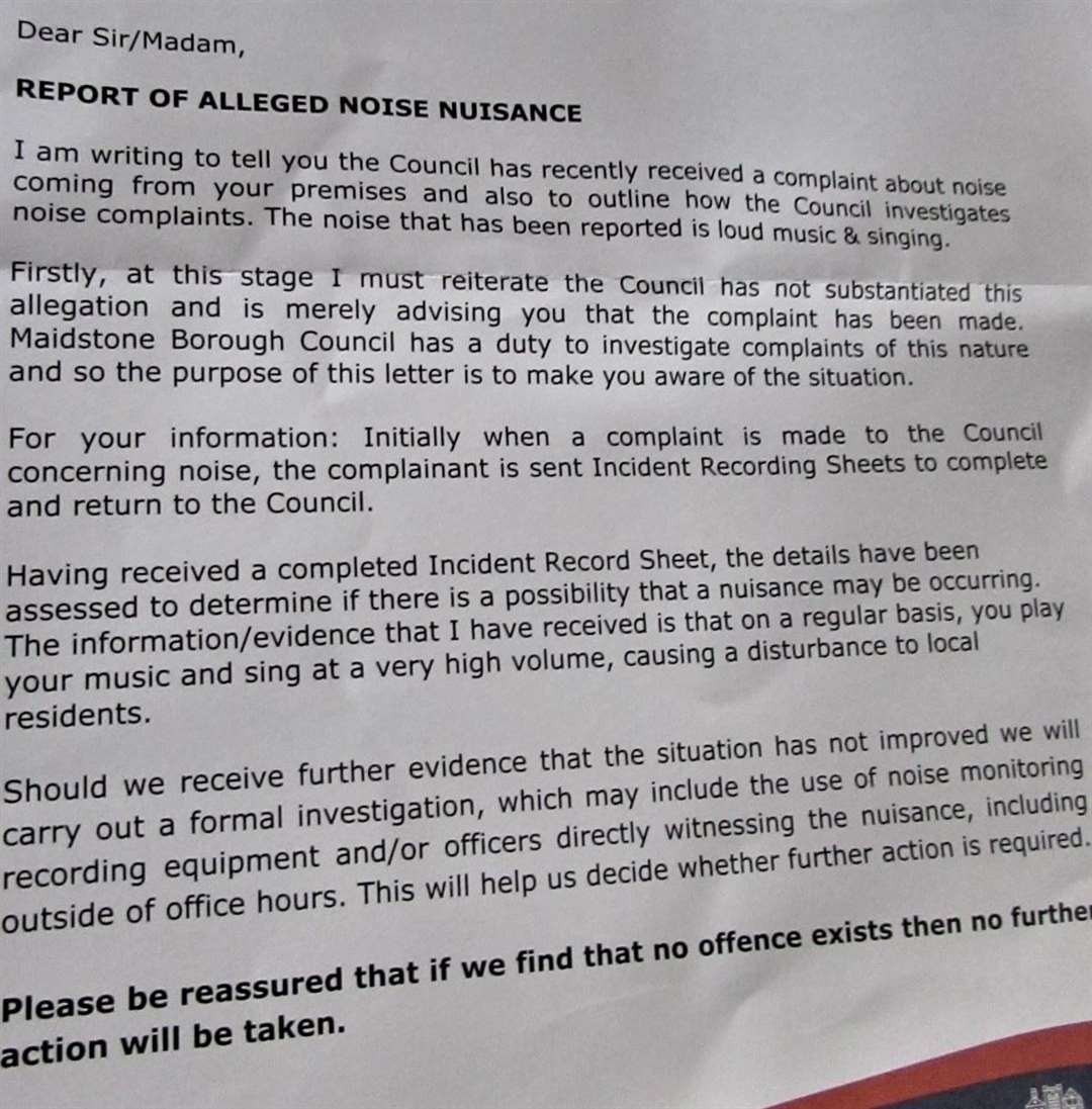 The letter Maidstone Borough Council sent to Mr Purssell about the music complaint Picture: Jonathan Purssell