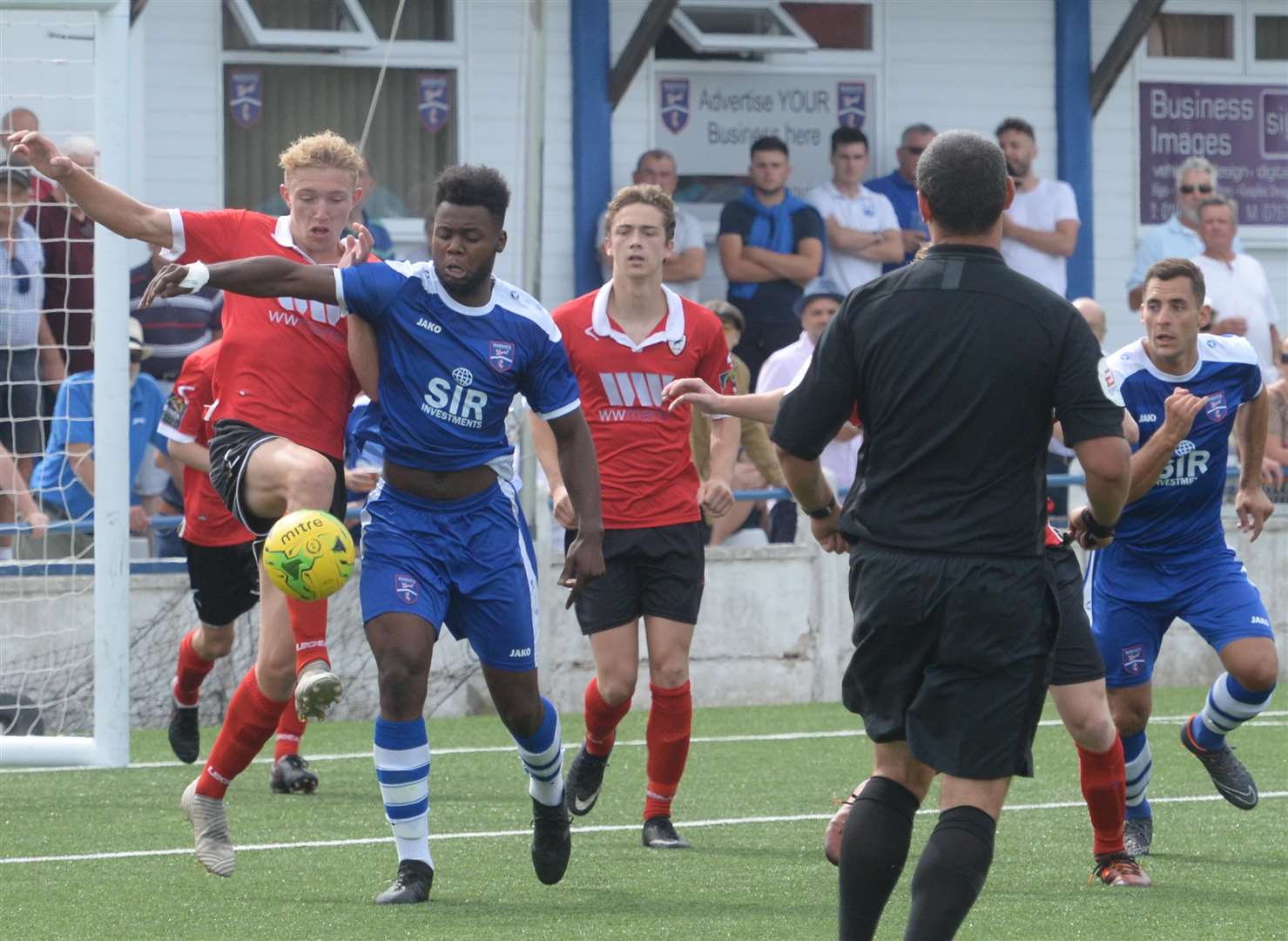 Ramsgate (red) defend against Margate in the pre-season friendly at Hartsdown Road Picture: Chris Davey