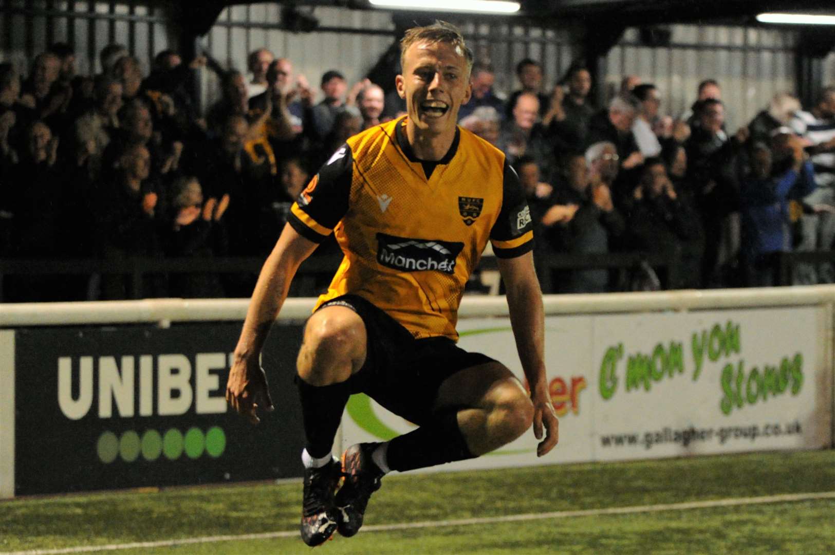 Sam Corne gives Maidstone the lead against Wealdstone on Tuesday night. Picture: Steve Terrell