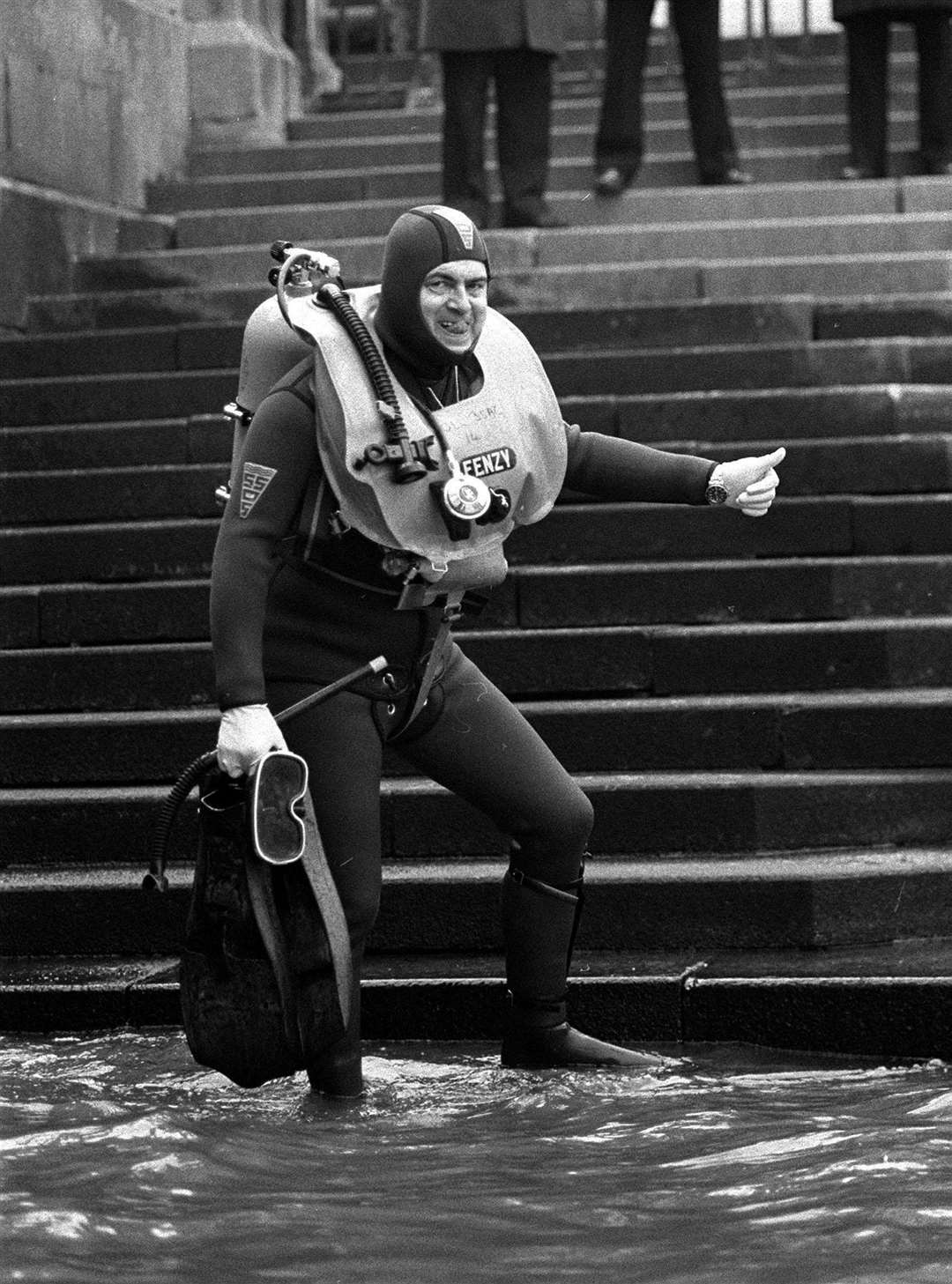 John Prescott after swimming two miles down the Thames as part of a protest against the Government’s policy of dumping nuclear waste at sea (PA)