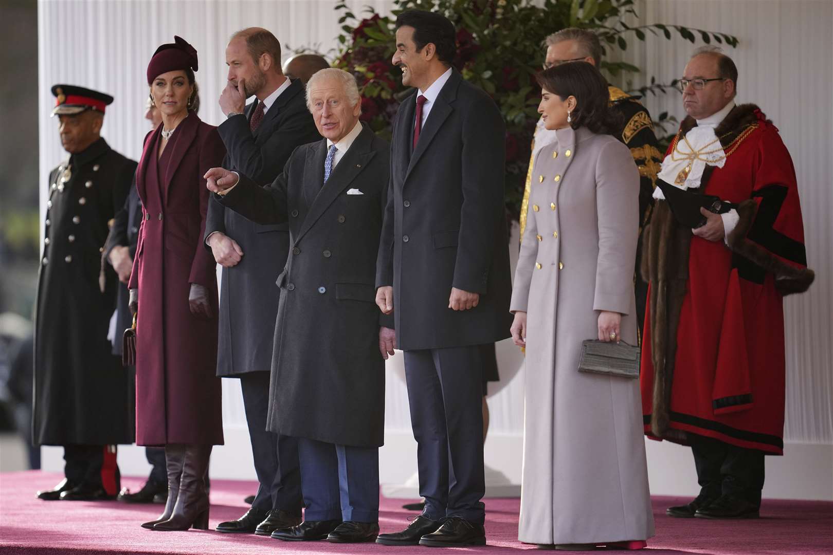 The Prince and Princess of Wales and King welcome the Emir of Qatar Sheikh Tamim bin Hamad Al Thani (second right) and his wife Sheikha Jawaher (right) at a ceremonial welcome at Horse Guards Parade (Kin Cheung/PA)