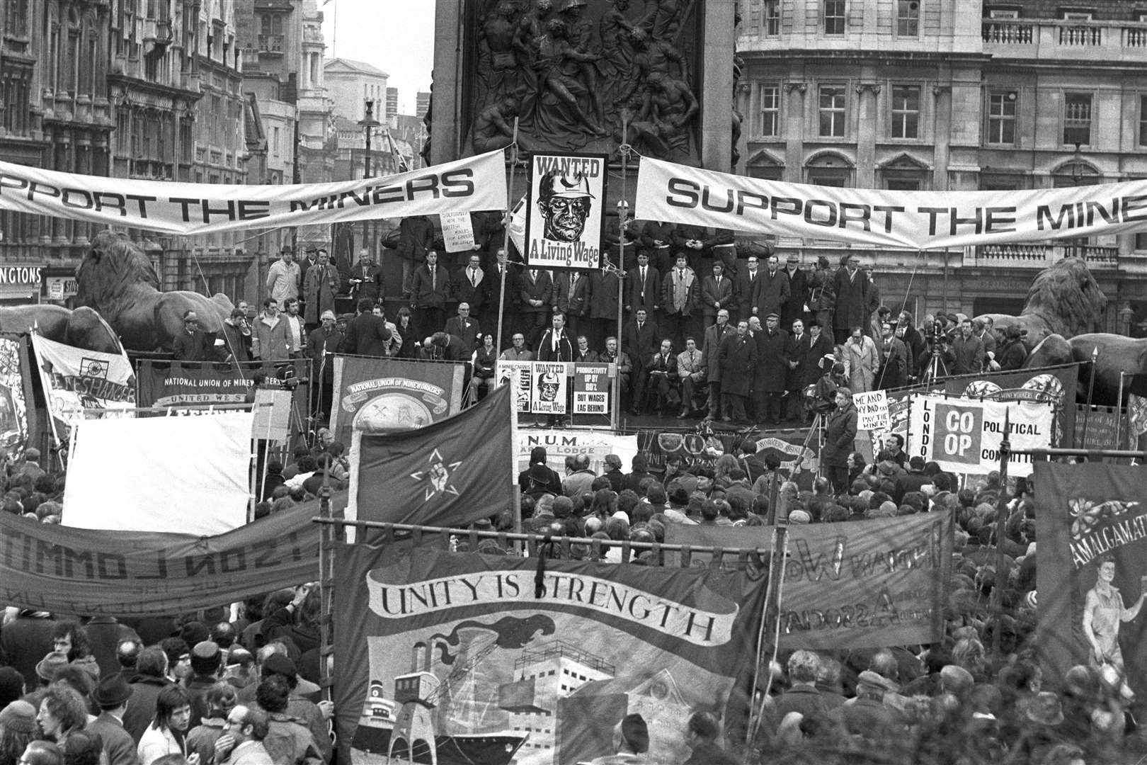 Miners and banners fill London’s Trafalgar Square during a large rally in support of the miners’ strike {PA)