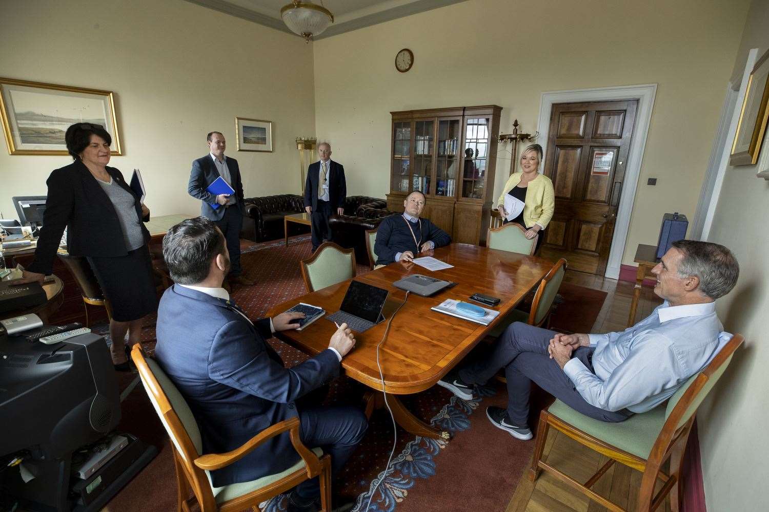 Mrs Foster and Ms O’Neill hold a meeting with their respective teams (Liam McBurney/PA)