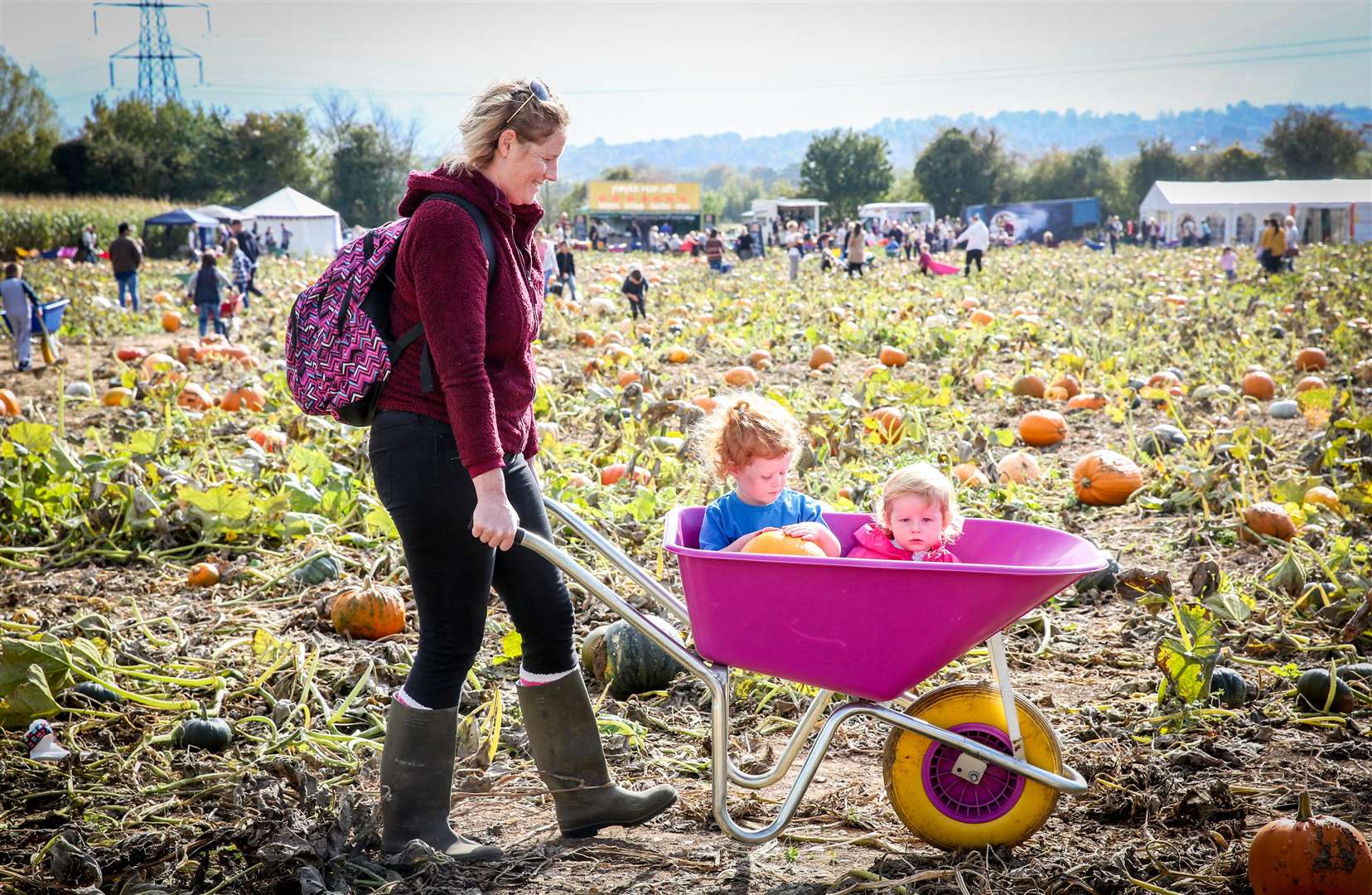 Family-friendly pumpkin picking at Pumpkin Moon, with Nicola Worsfold and Indiana, 2, and Aynara, 1, in a wheelbarrow. Picture: Matthew Walker
