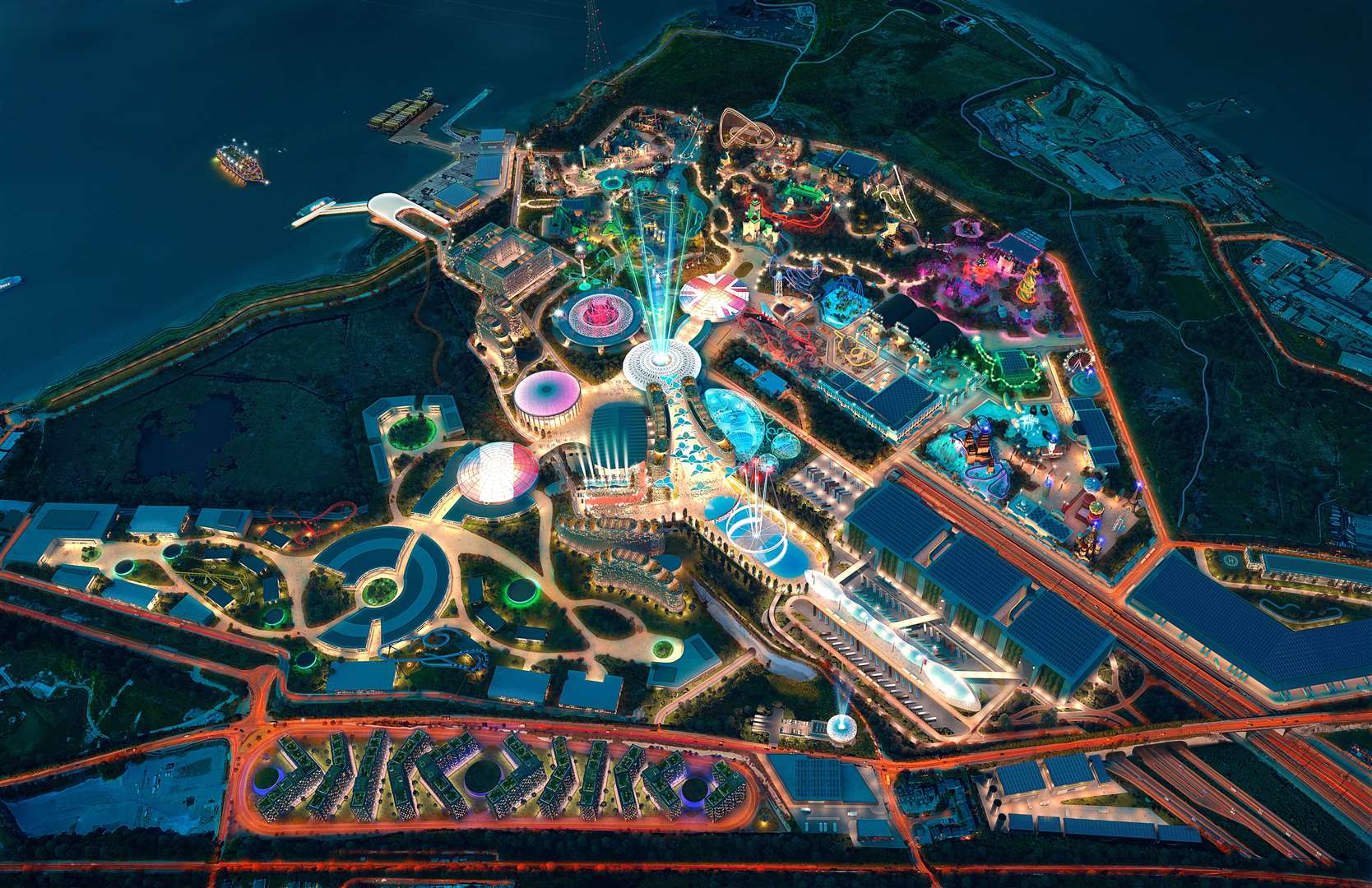 A new aerial night time image of the London Resort theme park project has been released. Photo: London Resort