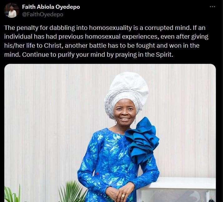 Faith Oyedepo, wife of the church's founder and a senior pastor, has tweeted against homosexuality numerous times