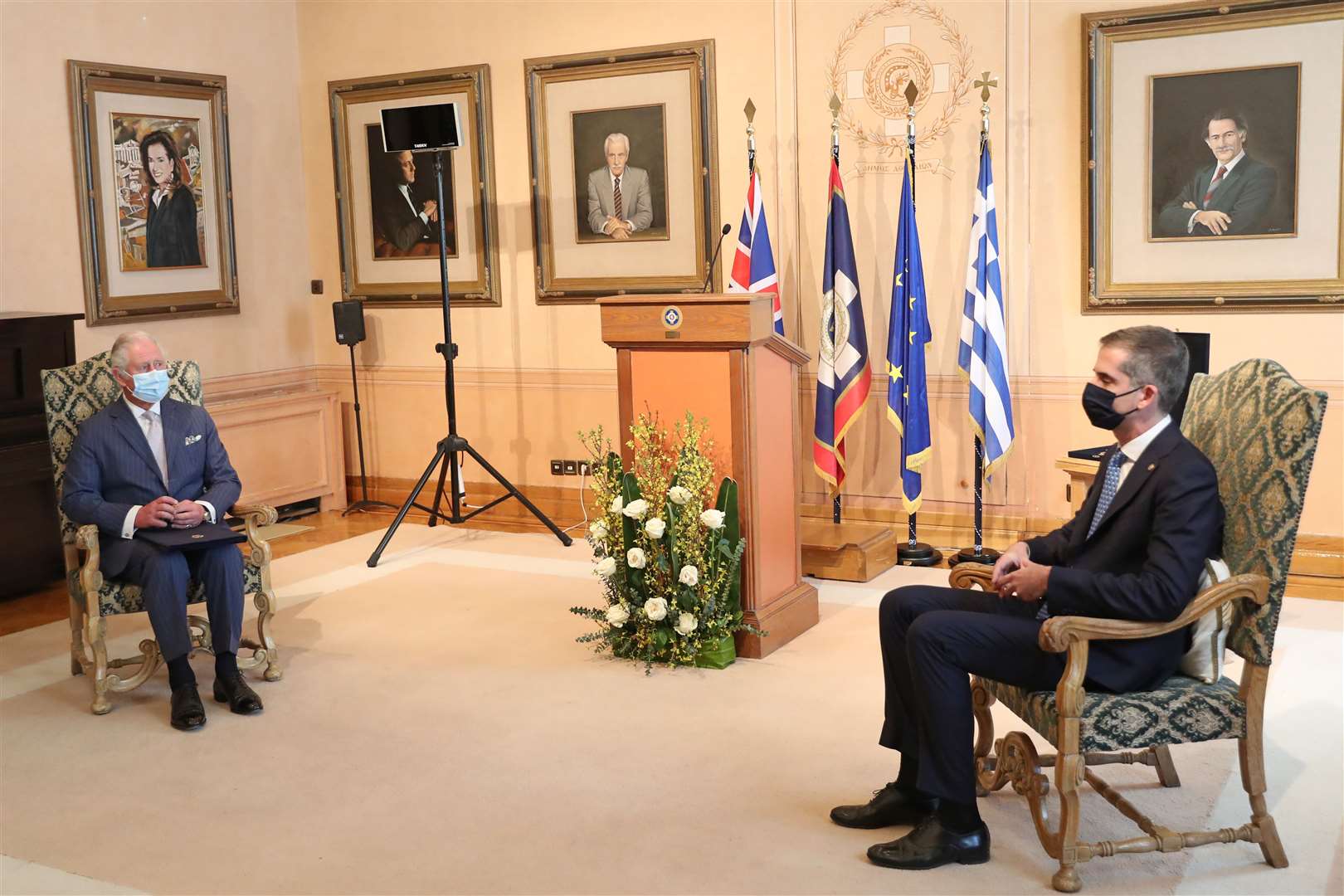 The Prince of Wales with Mayor of Athens, Kostas Bakoyannis, at Athens City Hall (Chris Jackson/PA)