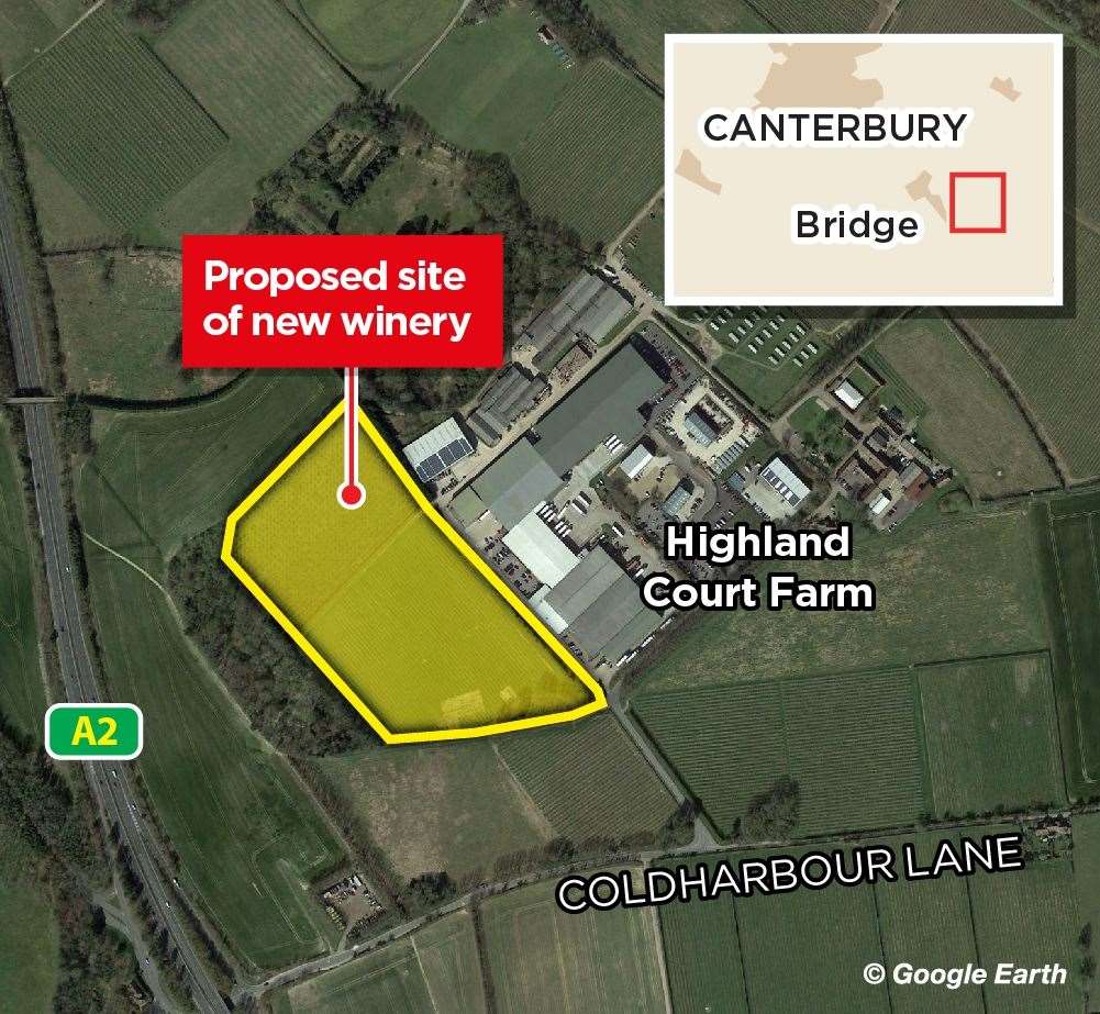 The location of the planned Chapel Down winery at Canterbury Business Park, near Bridge