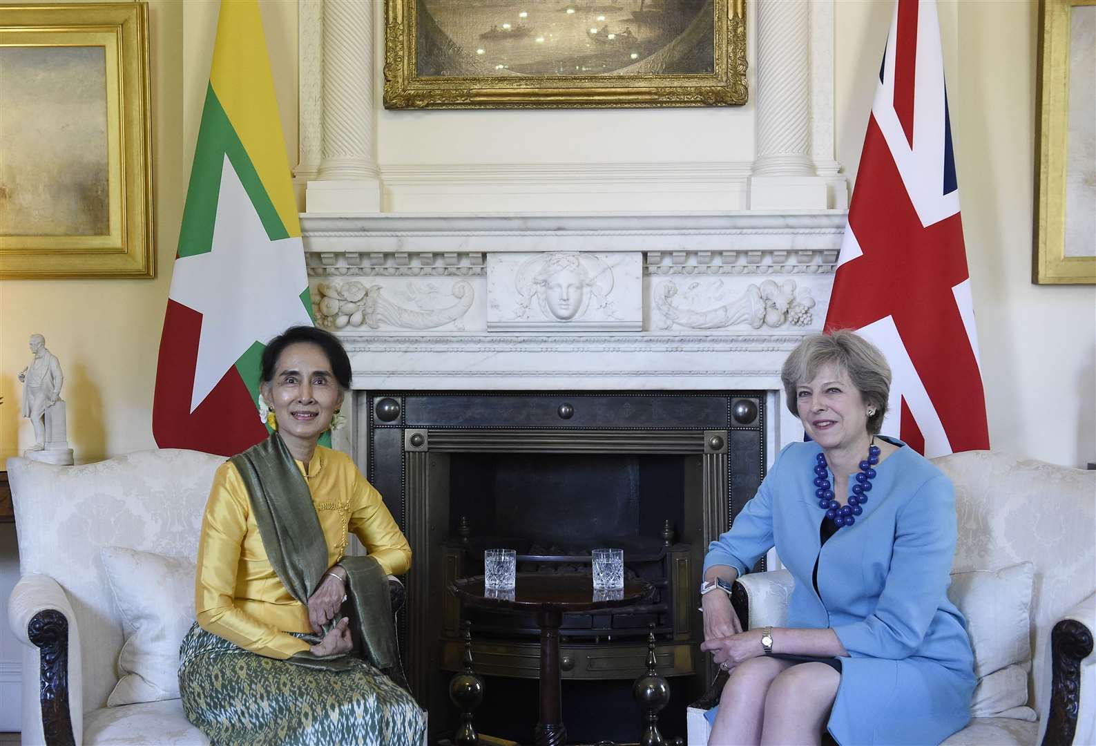 Former prime minister Theresa May, pictured with Ms Suu Kyi inside 10 Downing Street (Facundo Arrizabalaga/PA Archive/PA Images)