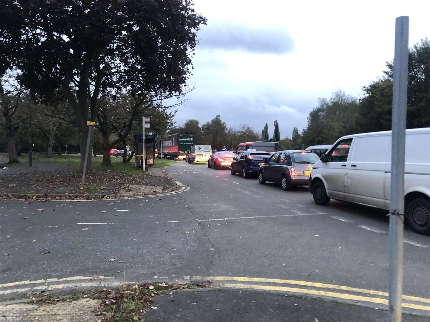 Traffic is queuing on Wrotham Road, off the A2 near Gravesend