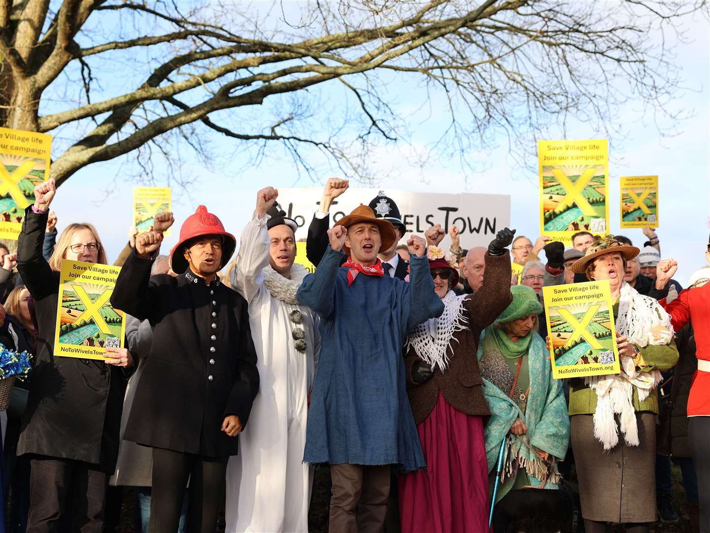 No To WivelsTown campaigners dressed up as characters from Camberwick Green to make the case to ‘save village life’ (No To WivelsTown/PA)