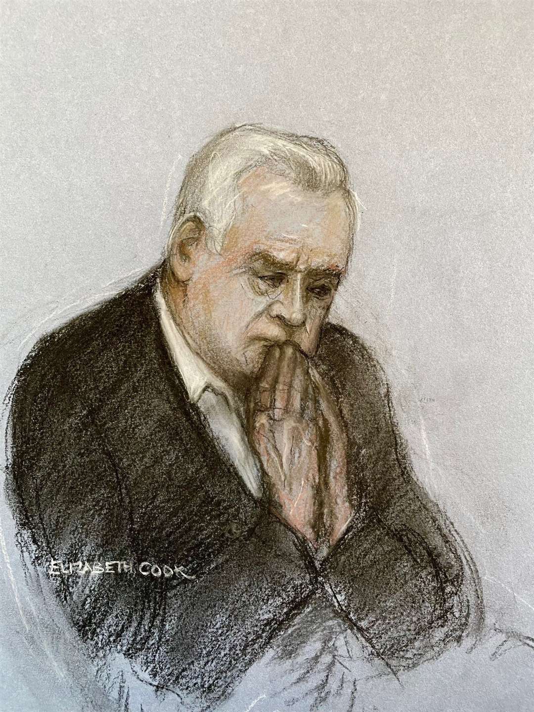 Court sketch of former BBC broadcaster Huw Edwards in the dock at Westminster Magistrates’ Court (Elizabeth Cook/PA)