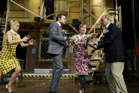 Jamie Dee (Belinda Blair), Jamie Glover (Roger Trampleton, Celia Imrie (Dotty Otley) and Jonathon Coy (Frederick Fellowes) in Noises Off. Picture: Johan Persson.