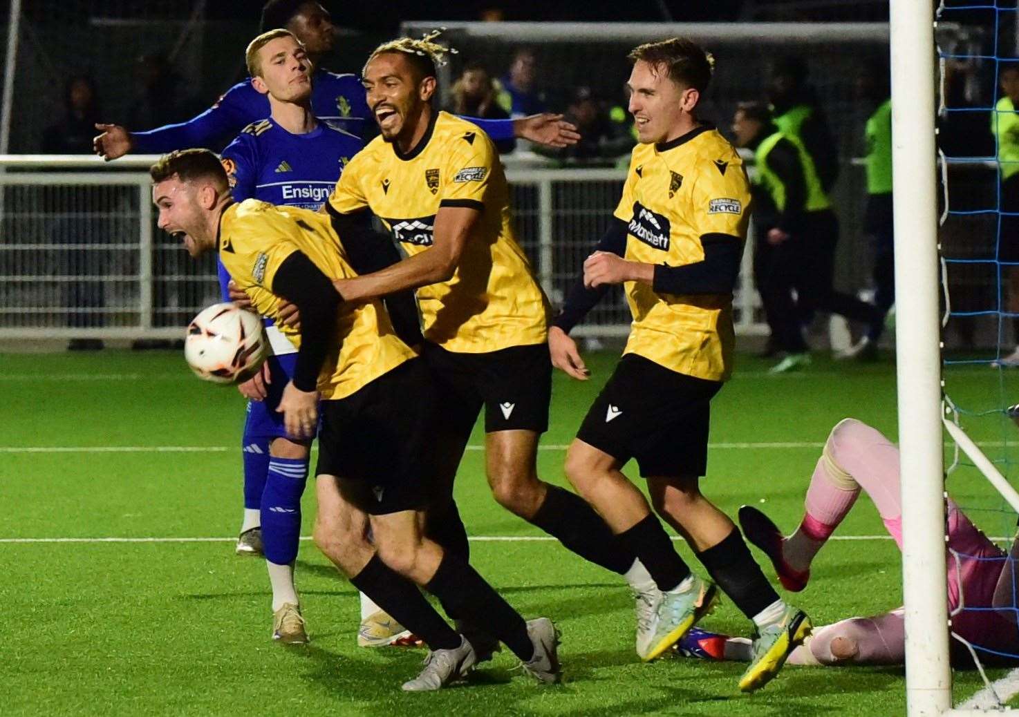 George Fowler celebrates after scoring Maidstone's second in their 3-0 win at Aveley. Picture: Steve Terrell