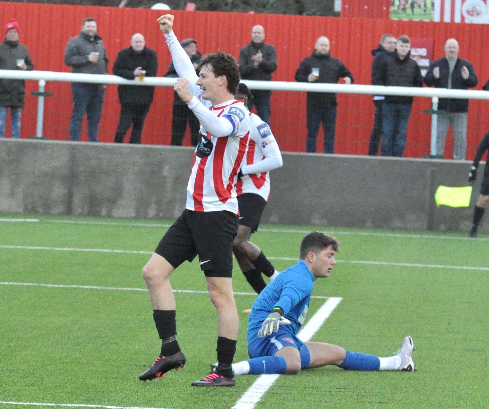 Sheppey's Billy Bennett celebrates his opener against K Sports Picture: Paul Owen Richards