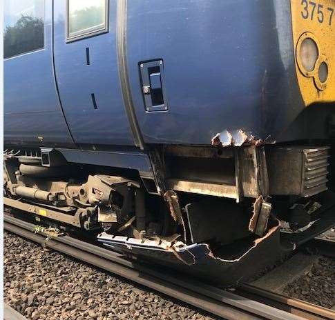 Damage to the train after it hit a tree on the line. Picture: Southesatern (14082817)