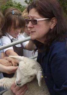 Andrea Charman with a lamb at Lydd Primary School