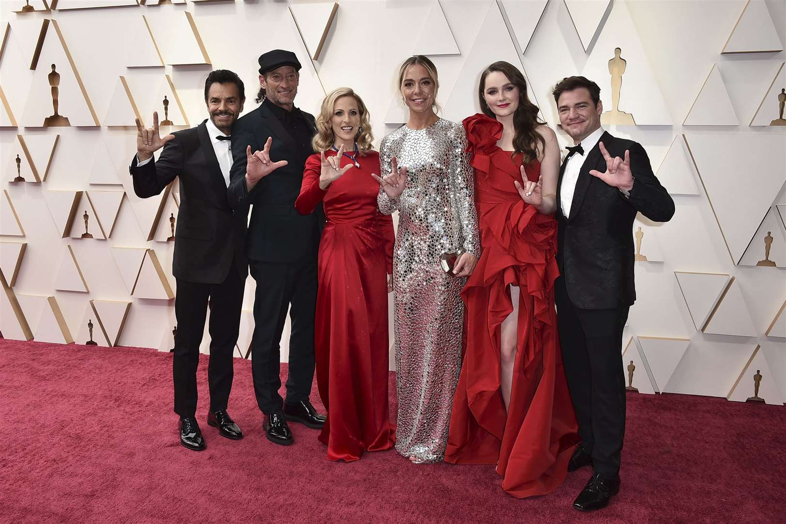 Troy Kotsur (second left) with co- stars Eugenio Derbez, Marlee Matlin, Sian Heder, Amy Forsyth, and Daniel Durant (Jordan Strauss/Invision/AP)