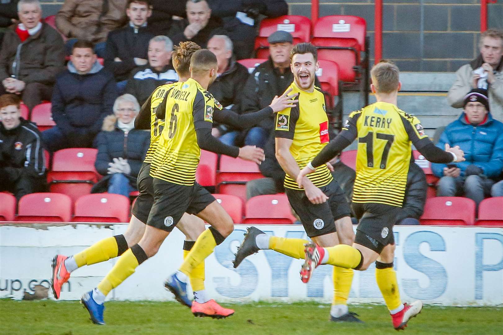 Harrogate celebrate Connor Hall's opening goal. Picture: Matthew Walker FM27043665