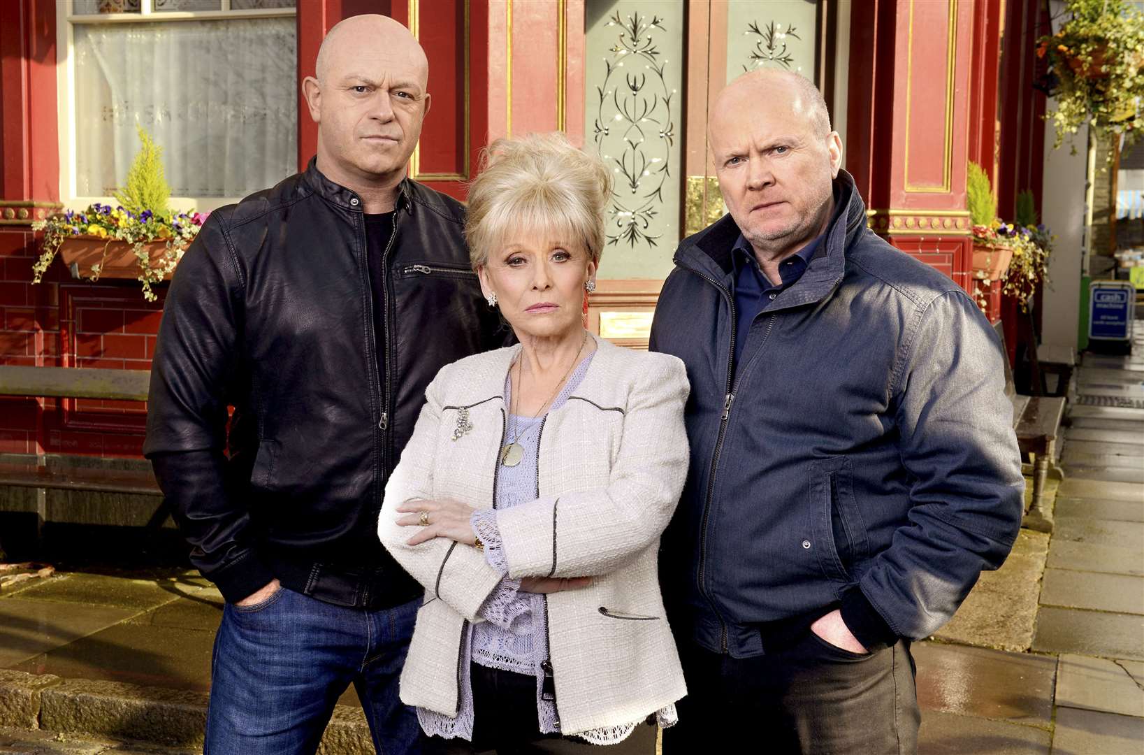 Dame Barbara as Peggy Mitchell, with Ross Kemp and Steve McFadden, who played her sons Grant and Phil on the soap (Kieron McCarron/BBC/PA)