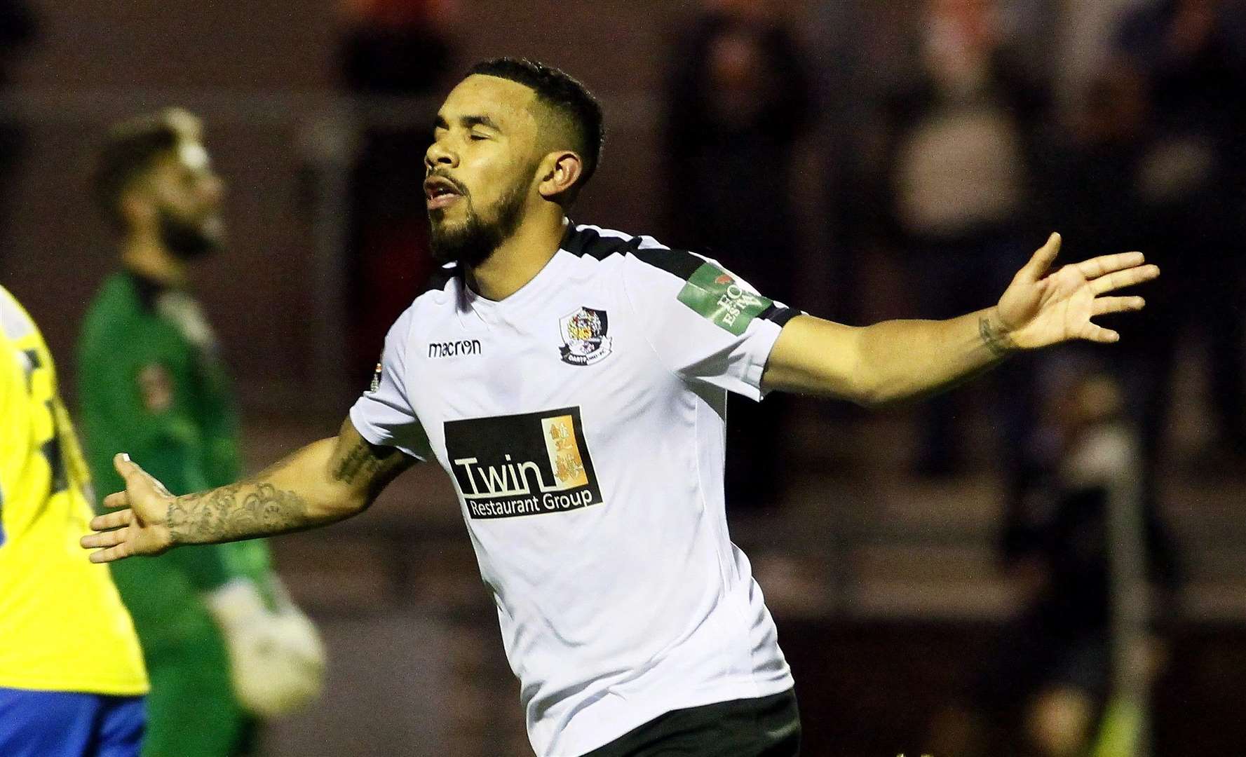 Phil Roberts wheels away after scoring Dartford's winner against St Albans Picture: Sean Aidan