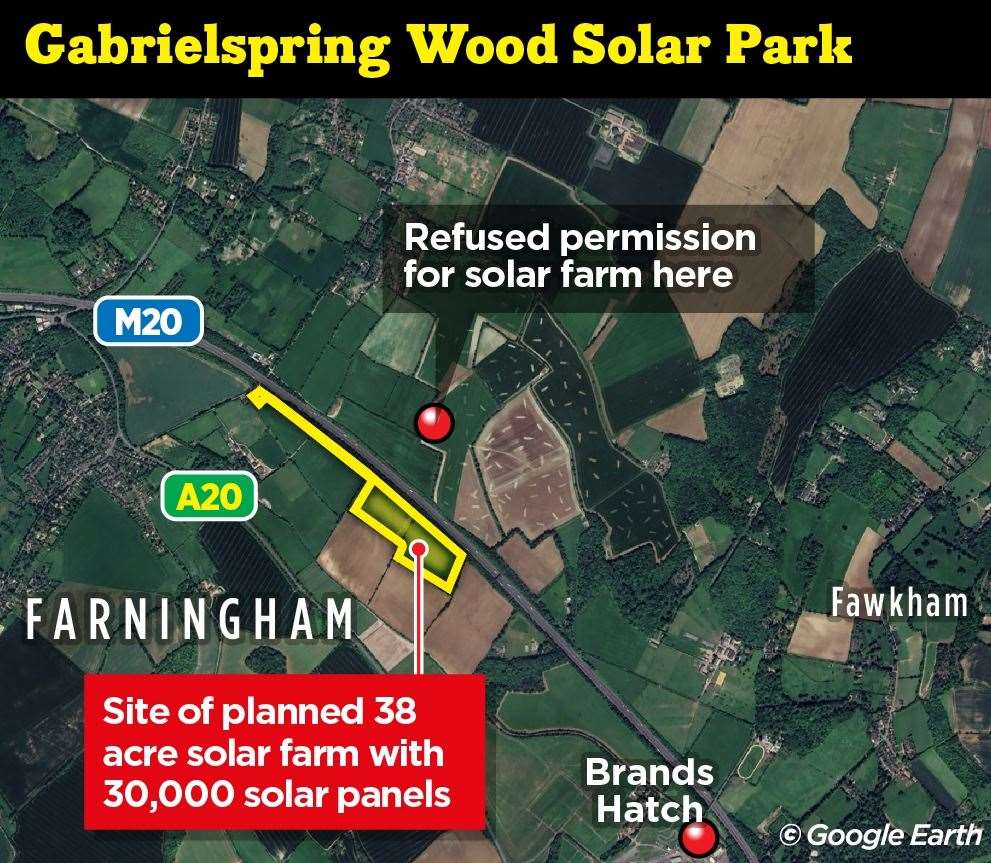 Wessex Solar Energy has applied to Sevenoaks council for permission to build a 17.5mw solar park between Farningham and Brands Hatch, off the M20. Picture: Google/KM Editorial Graphics