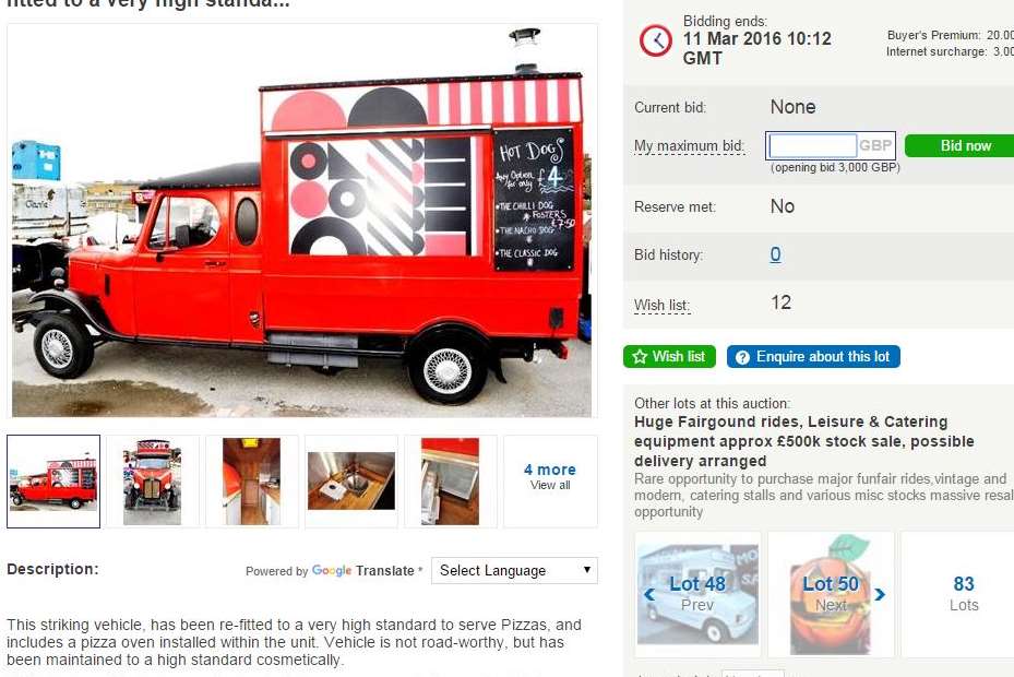 A static pizza van is also up for auction at £3000