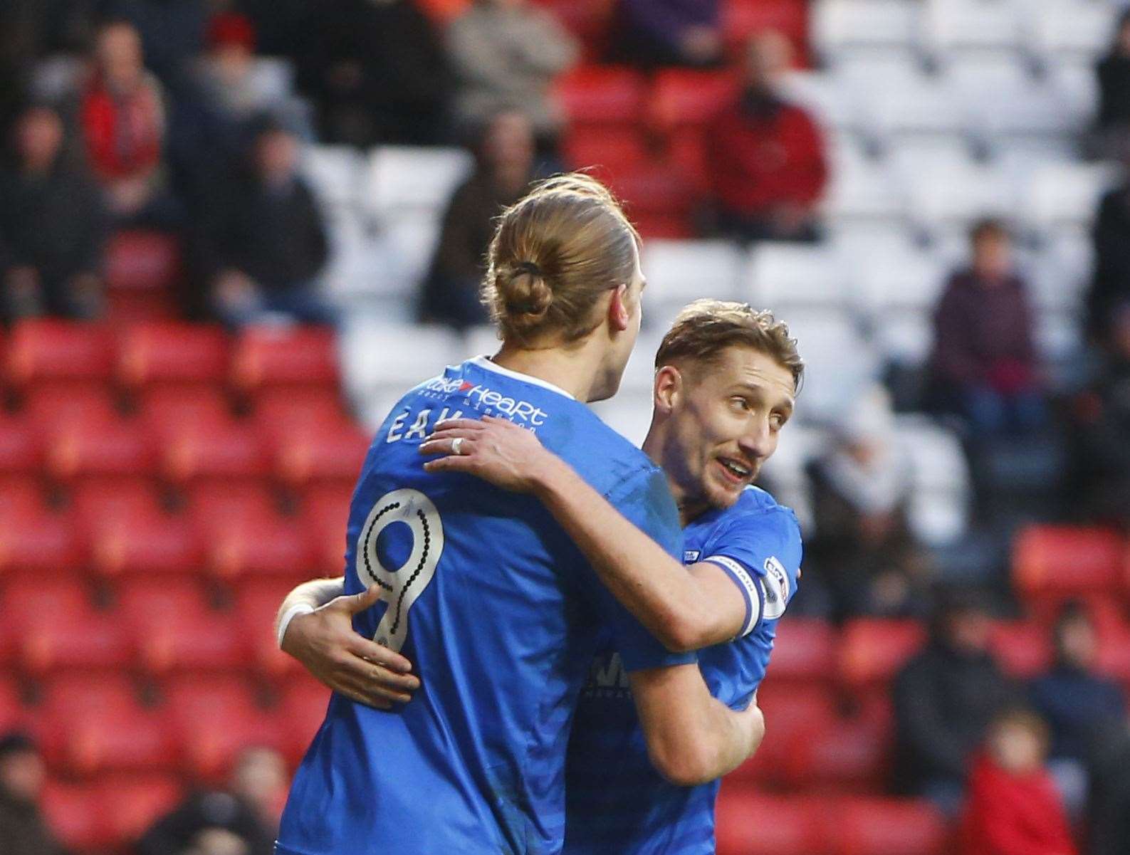 Gillingham forward Tom Eaves celebrates scoring with Gillingham midfielder Lee Martin at Charlton Picture: Andy Jones