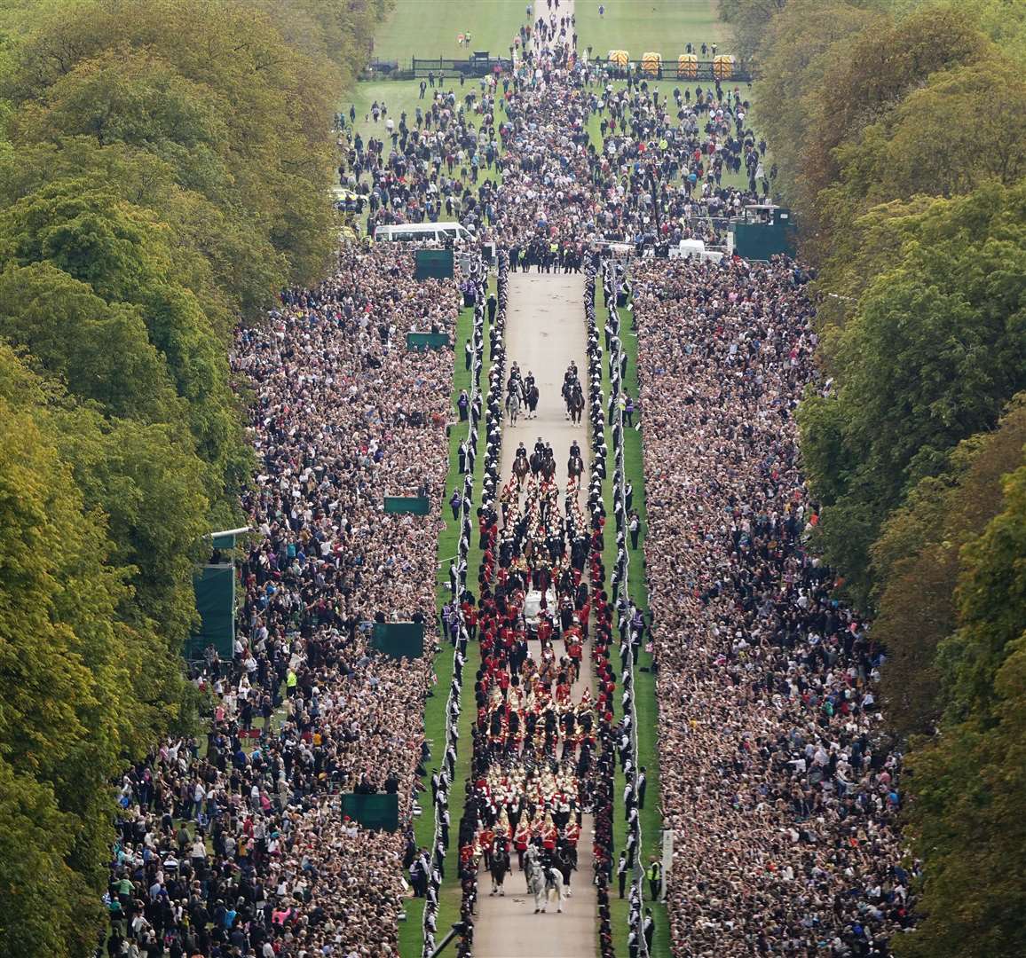 The Ceremonial Procession of the coffin of Queen Elizabeth II travels down the Long Walk as it arrives at Windsor Castle. Picture: PA