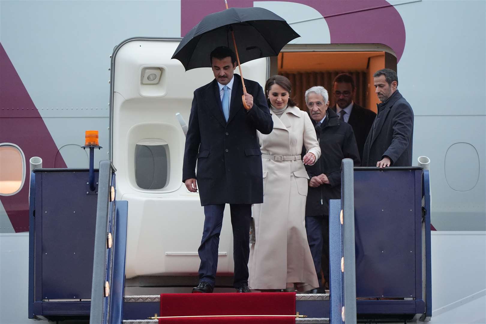 The Emir of Qatar Sheikh Tamim bin Hamad Al Thani, and Sheikha Jawaher, arrive at Stansted Airport in Essex, for a state visit hosted by the King (Joe Giddens/PA)