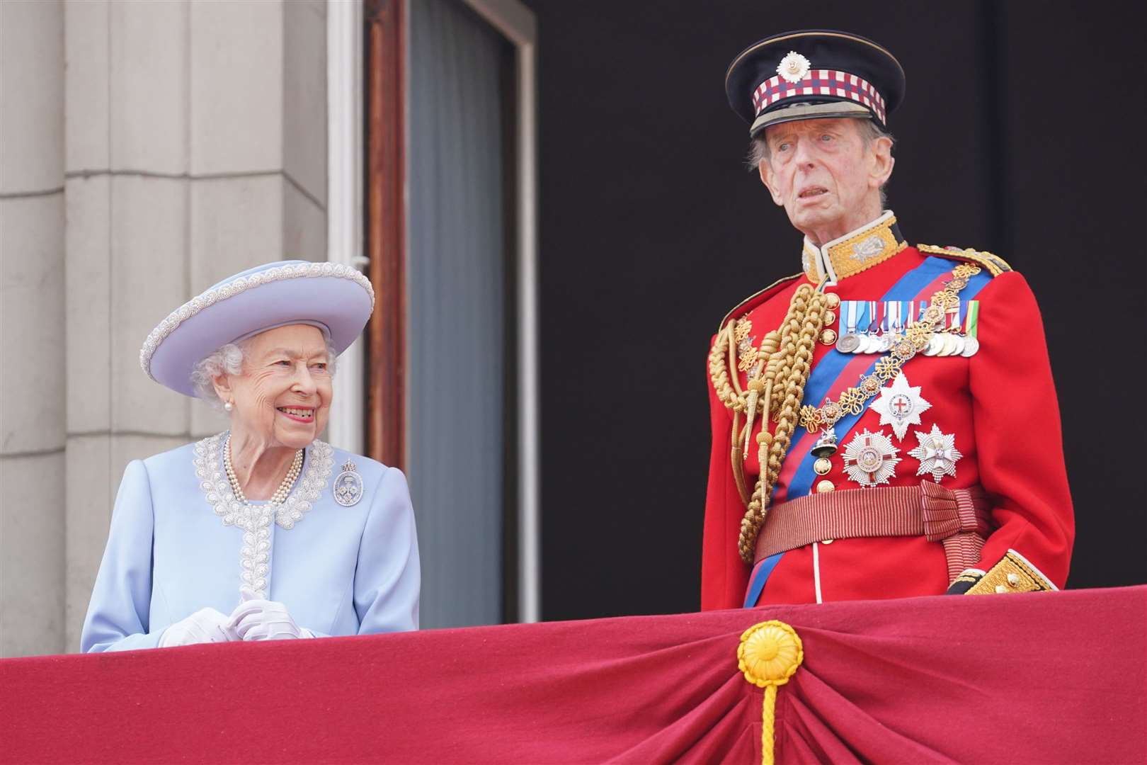 The late Queen and the Duke of Kent on the Buckingham Palace balcony during the Platinum Jubilee (Jonathan Brady/PA)