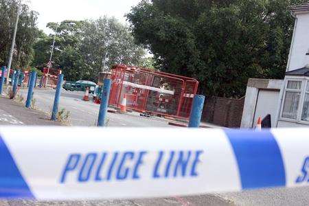 The police cordon in North Road, Queenborough, where work in ongoing to repair a damaged gas pipe