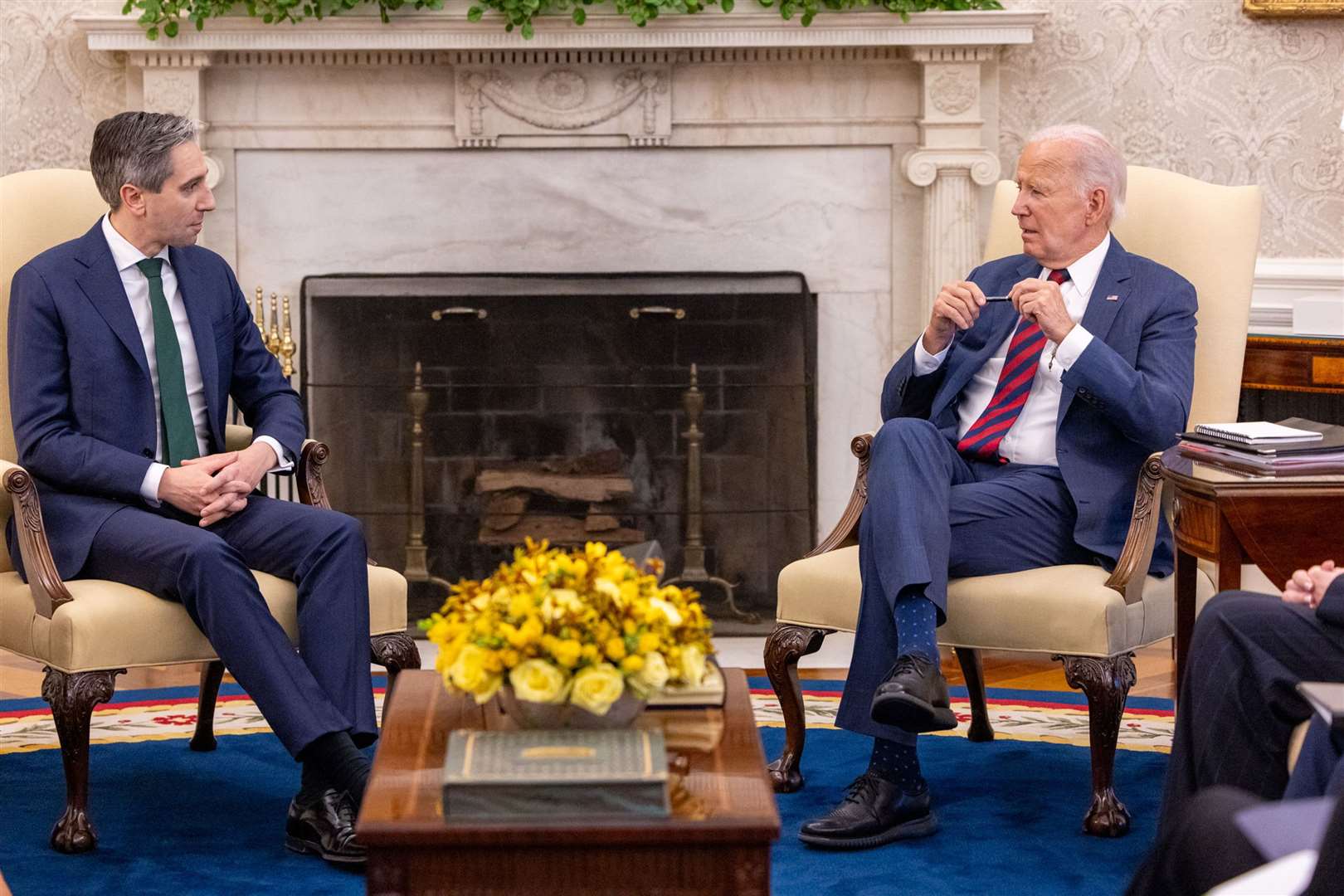 Taoiseach Simon Harris during a bilateral meeting with US President Joe Biden at the White House (Tasos Katopodis/Irish Government/PA)