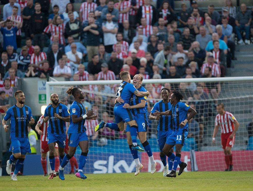 Gillingham celebrate their early goal scored by Tom Eaves Picture: Ady Kerry (3750549)