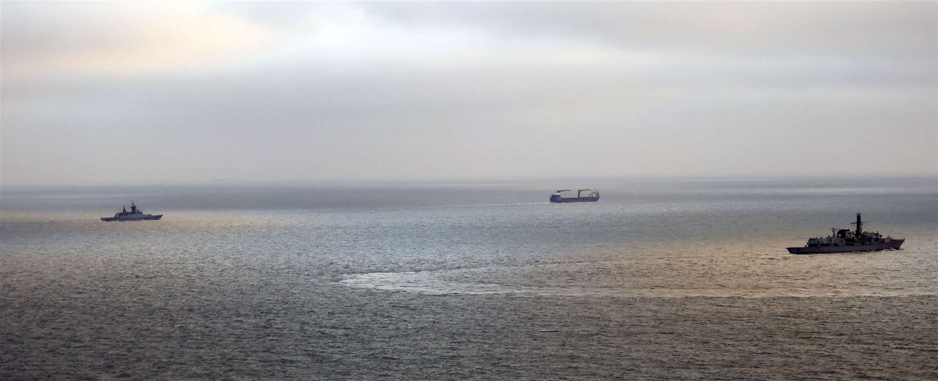 Sailors of the Royal Navy were recalled to HMS Somerset (right) to shadow Russian corvette RFS Soobrazitelny (left) and ro-ro transporter/support ship MV Sparta II (centre) for 500 miles in the North Sea and through the English Channel (Royal Navy/PA)