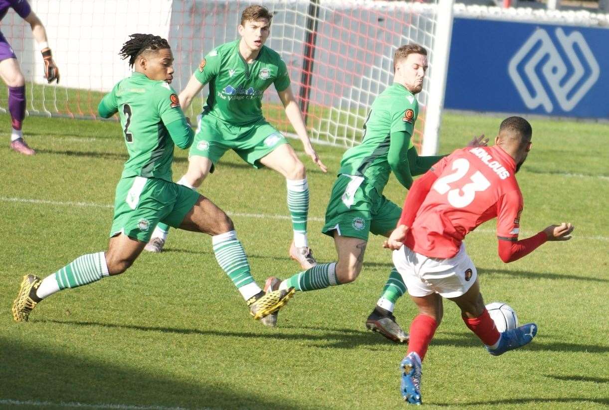 Kieran Monlouis puts Ebbsfleet ahead against Oxford City. Picture: Ed Miller/EUFC