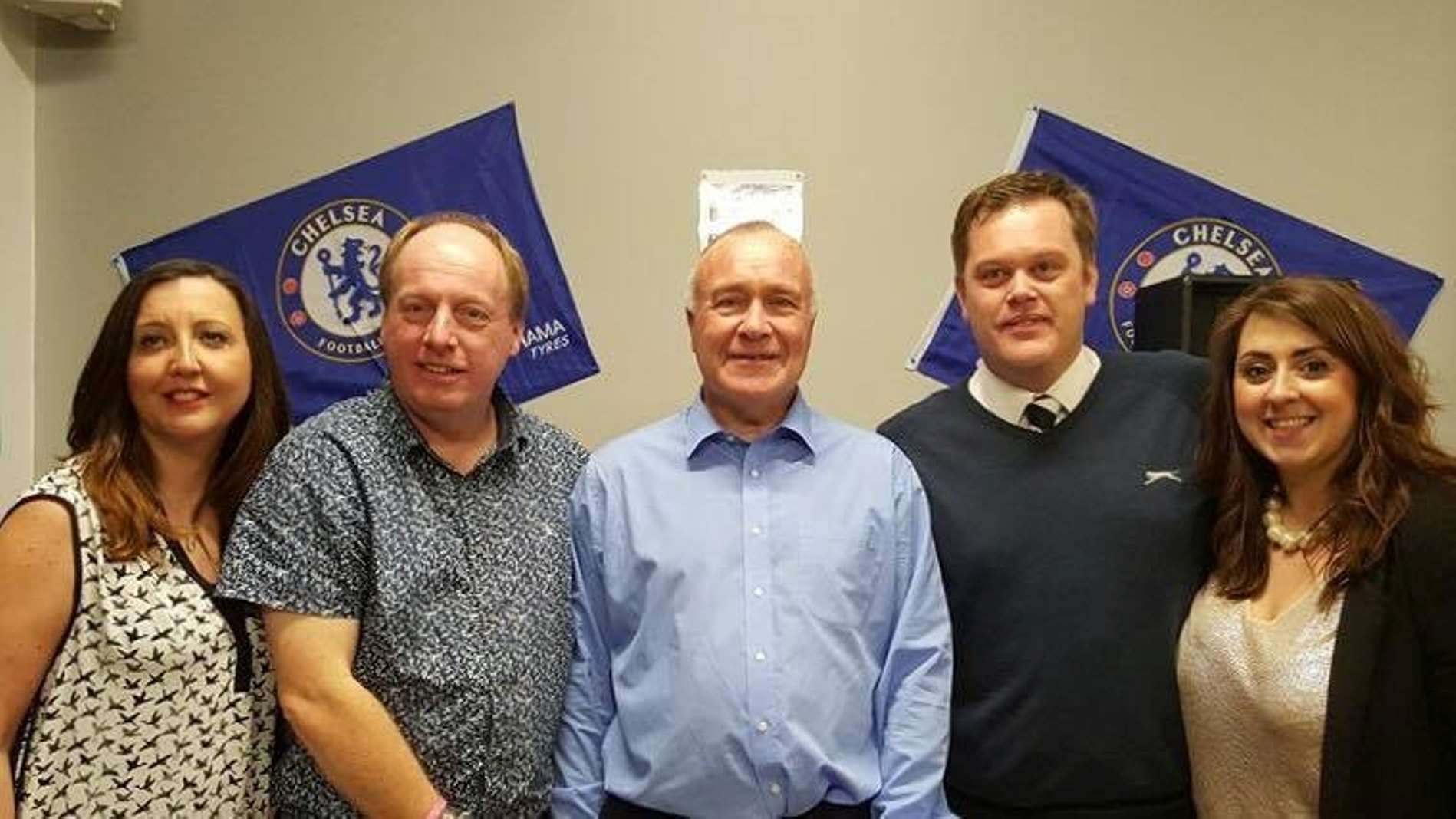 Ron 'Chopper' Harris at Deal Town, centre, with, from left, club treasurer Danielle Johnson, Colin Smith, chairman Rob Marriott, club secretary Natalie Benville