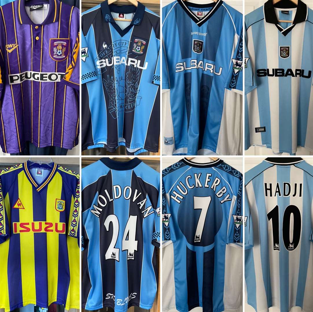 Some of Lee Bowman's collection of Coventry City shirts