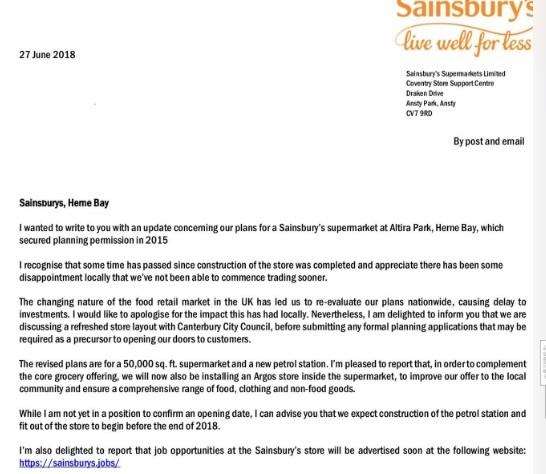 Sainsbury's letter to councillors about its Herne Bay store (2771634)