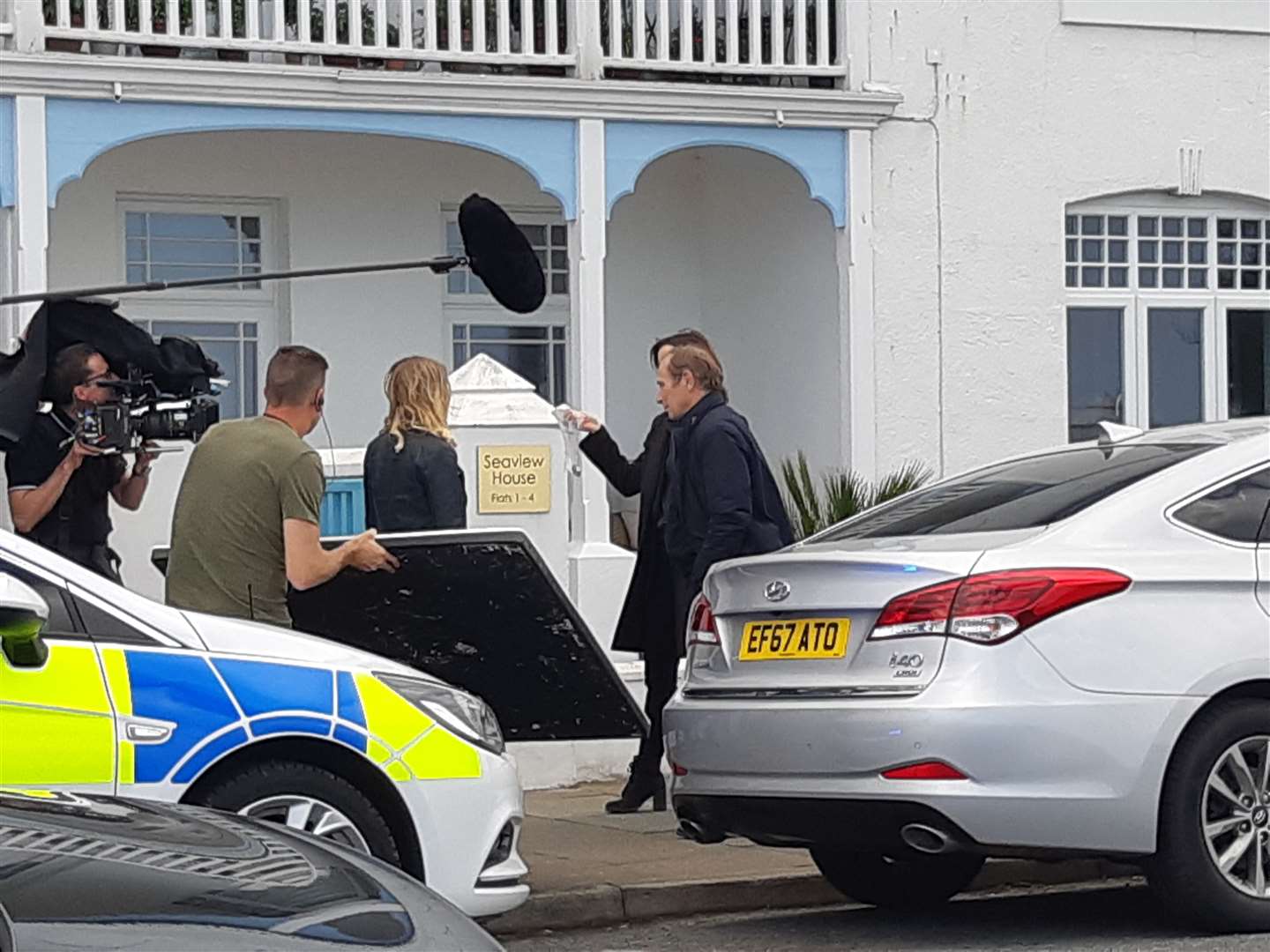 Joanne Froggatt and Katherine Kelly filming for Liar 2 in Deal in June 2019
