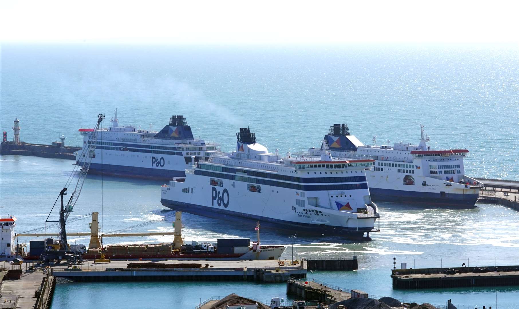 Three P&O ferries moored up in the cruise terminal at the Port of Dover in Kent as the company suspended sailings (Gareth Fuller/PA)