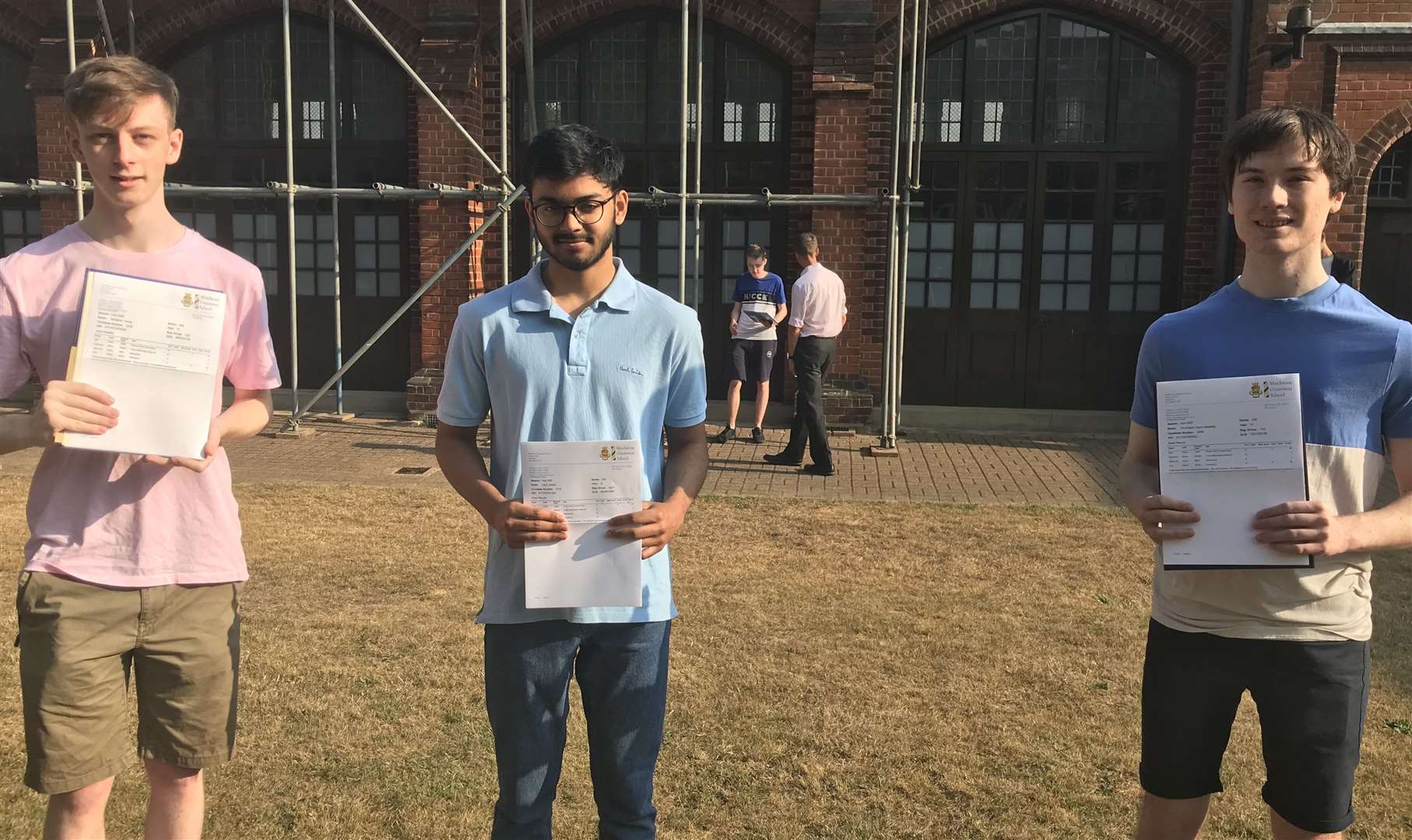 Maidstone Grammar School pupils, from L-R: Benjamin Young, 18, from Leybourne, got 3 A*s and an A, Tariq Sakeer, 18, from Maidstone, got two As and two A*s, Christopher Hadaway, 18, from Ditton, received 4 A*s