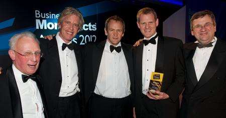 B&P Finance Consultants win Moneyfacts Commercial Mortgage Broker of the Year Award at the Lancaster Gate Hotel, London. From left, Harry Lilly, Nigel Barrington, actor Alexander Armstrong, Neil Pointin and Richard Pickering