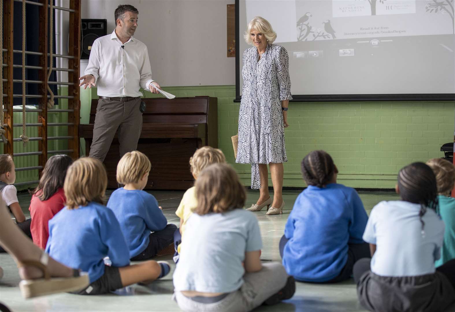 The Duchess of Cornwall speaks to pupils during a visit to Ivydale Primary School in South London, to open the school’s new library and launch the National Literacy Trust’s Virtual School Library, on International Literacy Day (Steve Reigate/Daily Express)